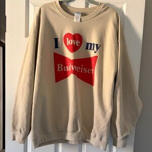 Budweiser Beige Sweatshirt with Red and Blue Graphic